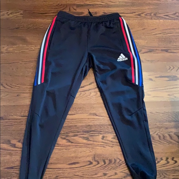 red white and blue adidas track pants